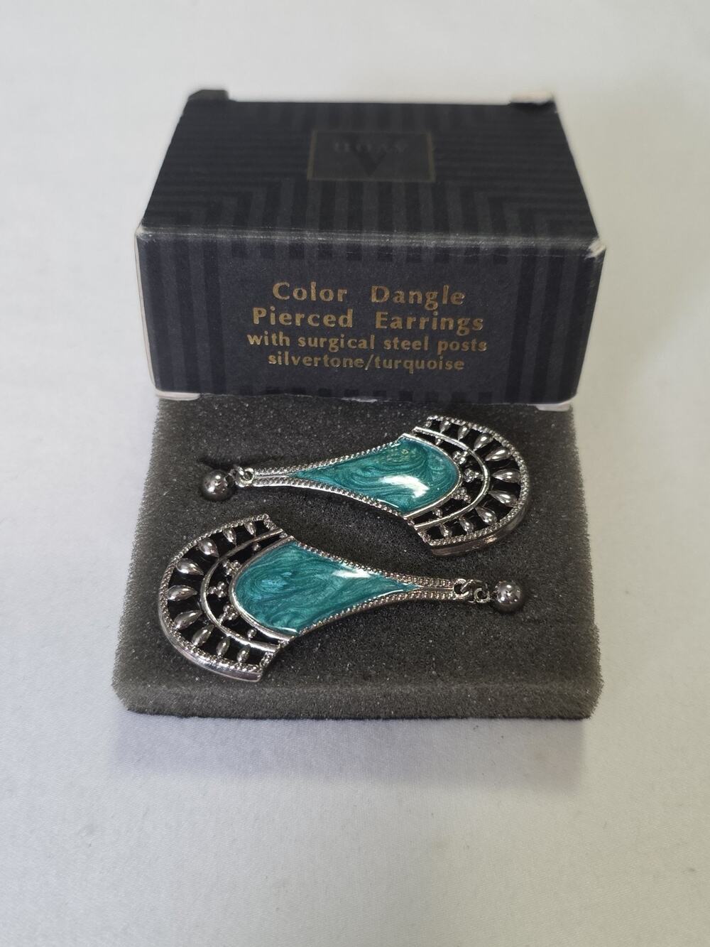 Vintage 1994 Avon Color Dangle Pierced Earrings Turquoise Enamel Silver Tone